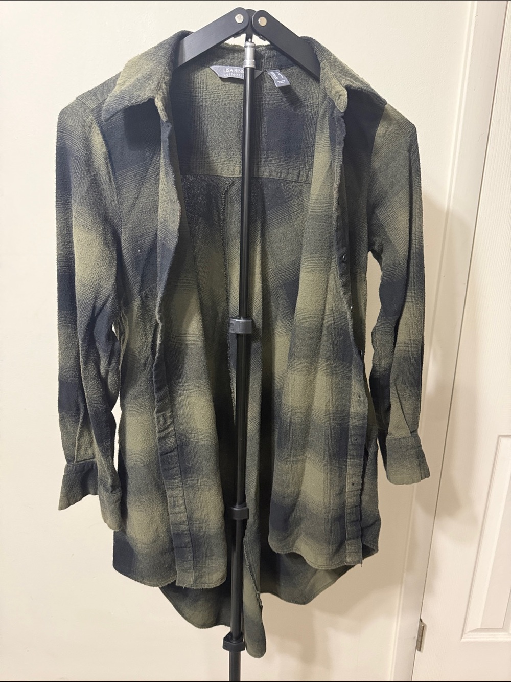 Lisa Rinna Collection Green Black Ombre Plaid Long Sleeve Button Down Tunic XS